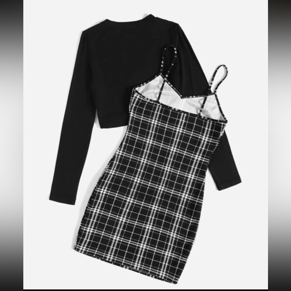 Solid Black Top & Plaid Print Cami Dress - Picture 2 of 3